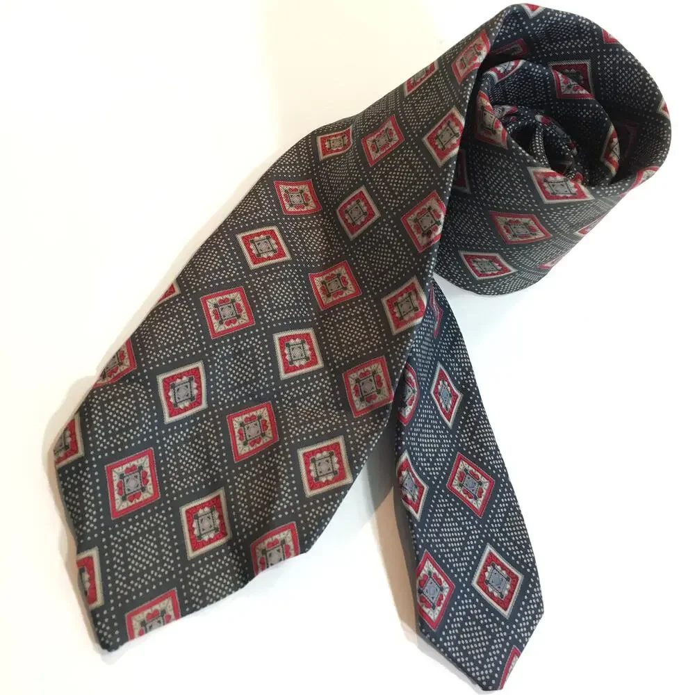 Count Barini Mens Silk Tie Navy Red Ivory Geometric Foulard Vintage Necktie